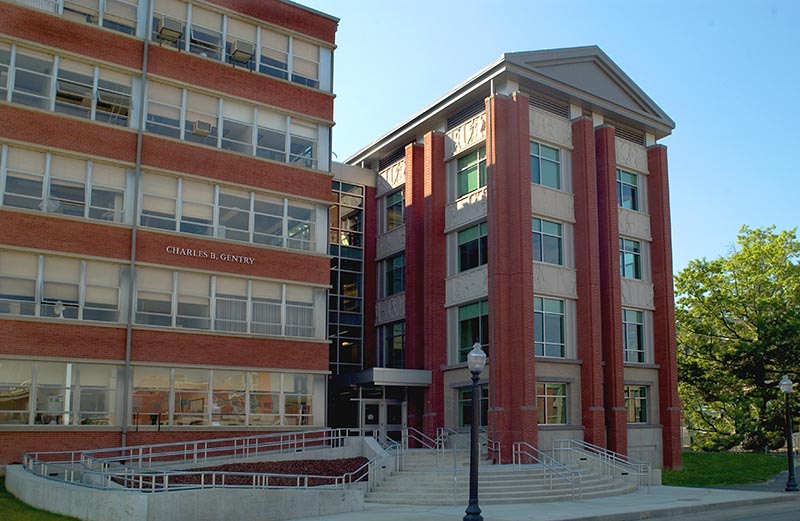 An exterior view of the Gentry building at UConn